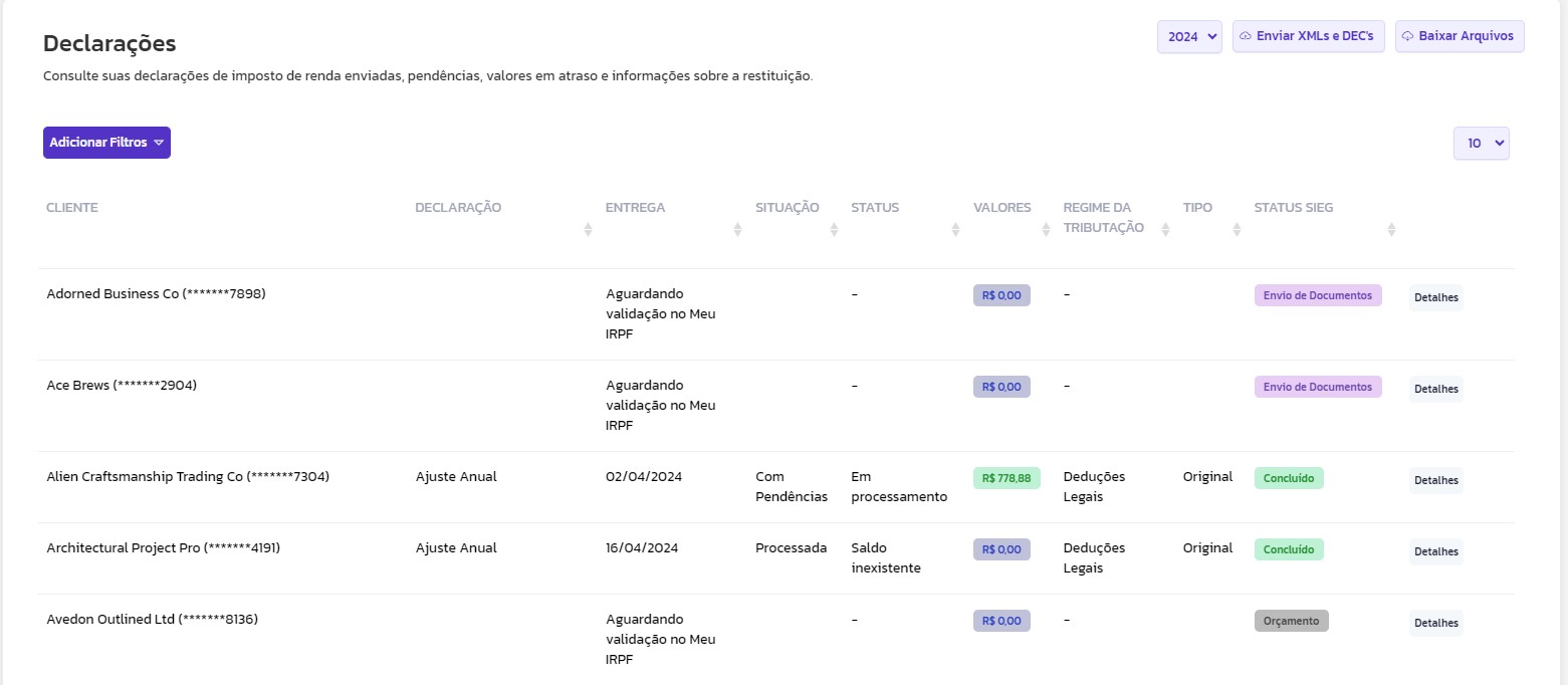 Consulte suas declarações enviadas, pendências, valores em atraso e informações sobre a restituição.